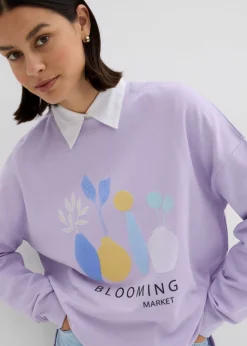 bonprix bonprix Sudadera holgada en mezcla de algodón Lila pastel estampado