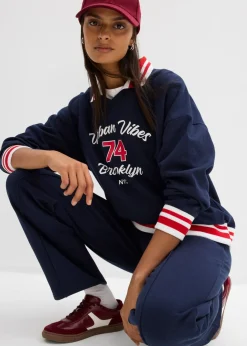 bonprix bonprix Sudadera oversize de algodón orgánico puro azul marino-blanco-fresa Sale