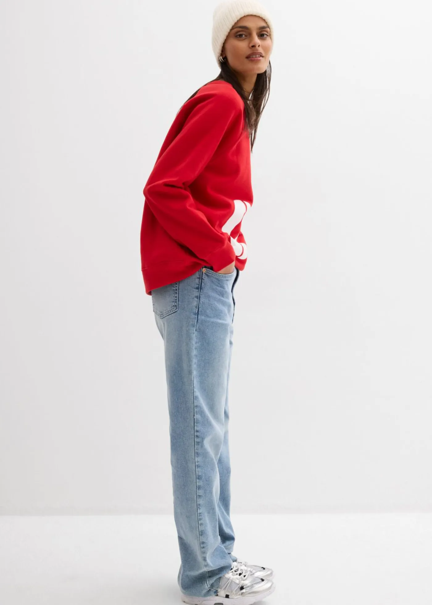 bonprix bonprix Sudadera oversize de algodón orgánico fresa/blanco Hot