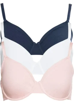 bonprix bonprix Sujetador básico de algodón orgánico con aros (3 unidades) Azul oscuro/blanco/rosa perla Outlet