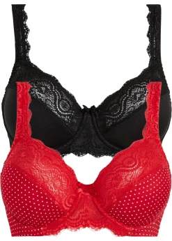 bonprix bonprix Sujetador con aros y encaje delicado (2 unidades) Rojo intenso/blanco de lunares + negro Hot