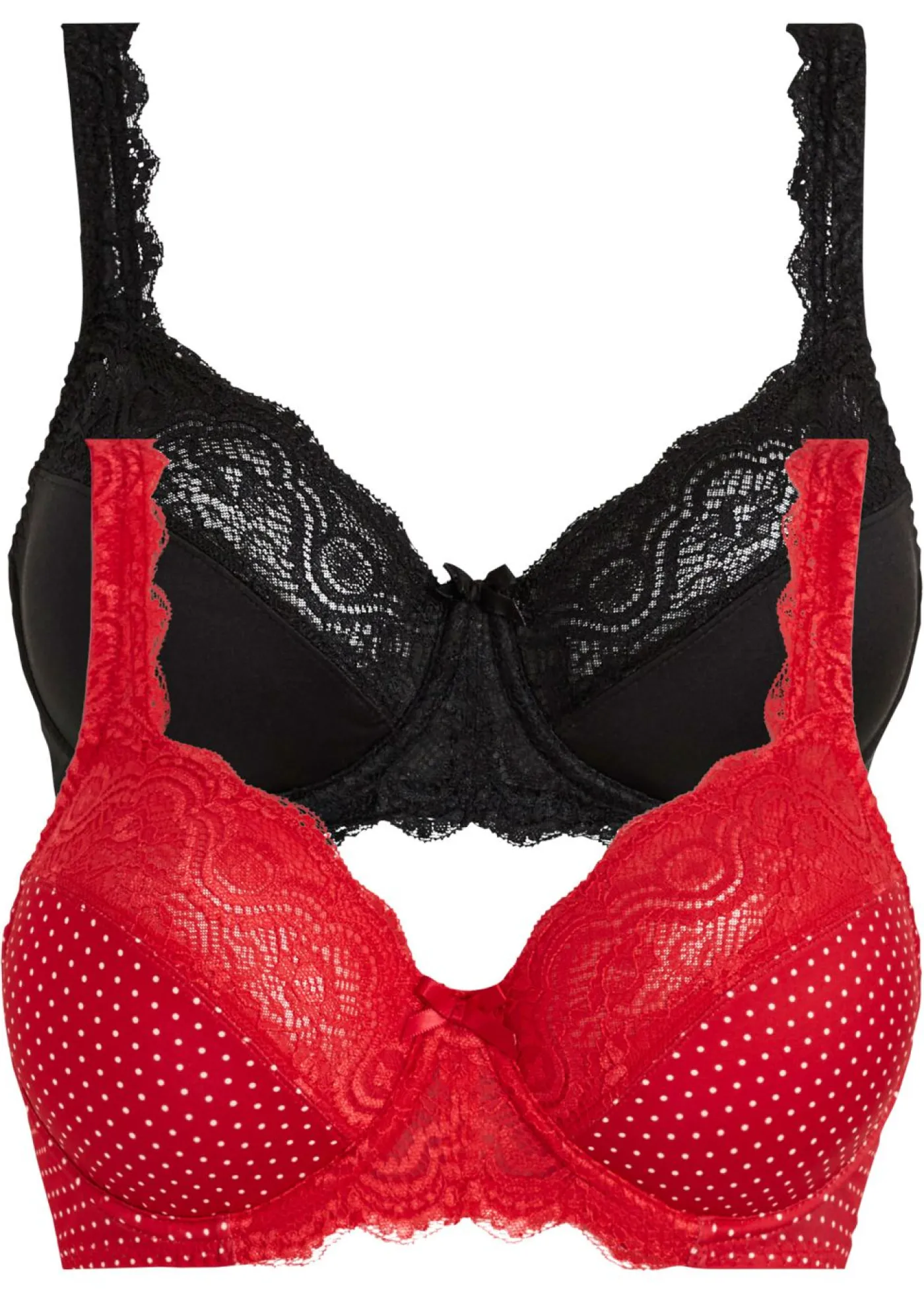 bonprix bonprix Sujetador con aros y encaje delicado (2 unidades) Rojo intenso/blanco de lunares + negro Hot
