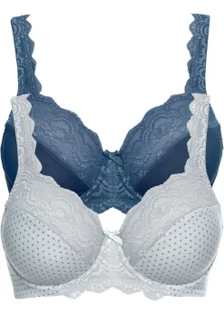 bonprix bonprix Sujetador con aros y encaje delicado (2 unidades) Plateado mate estampado + azul marino Clearance