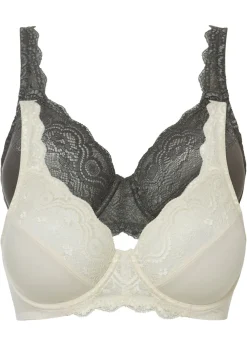 bonprix bonprix Sujetador con aros y encaje delicado (2 unidades) Beige natural + antracita Clearance