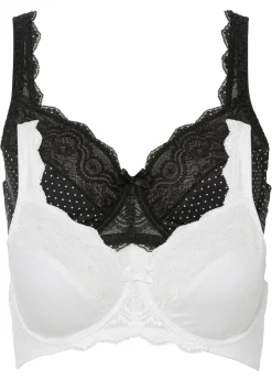 bonprix bonprix Sujetador con aros y encaje delicado (2 unidades) Negro de lunares + blanco lana Online