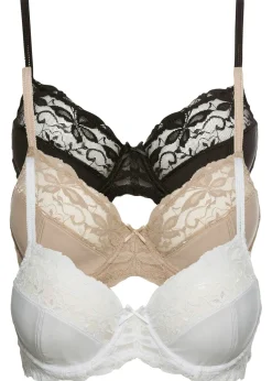 bonprix bonprix Sujetador con aros y encaje delicado (3 unidades) Negro/blanco/beige tiza Outlet