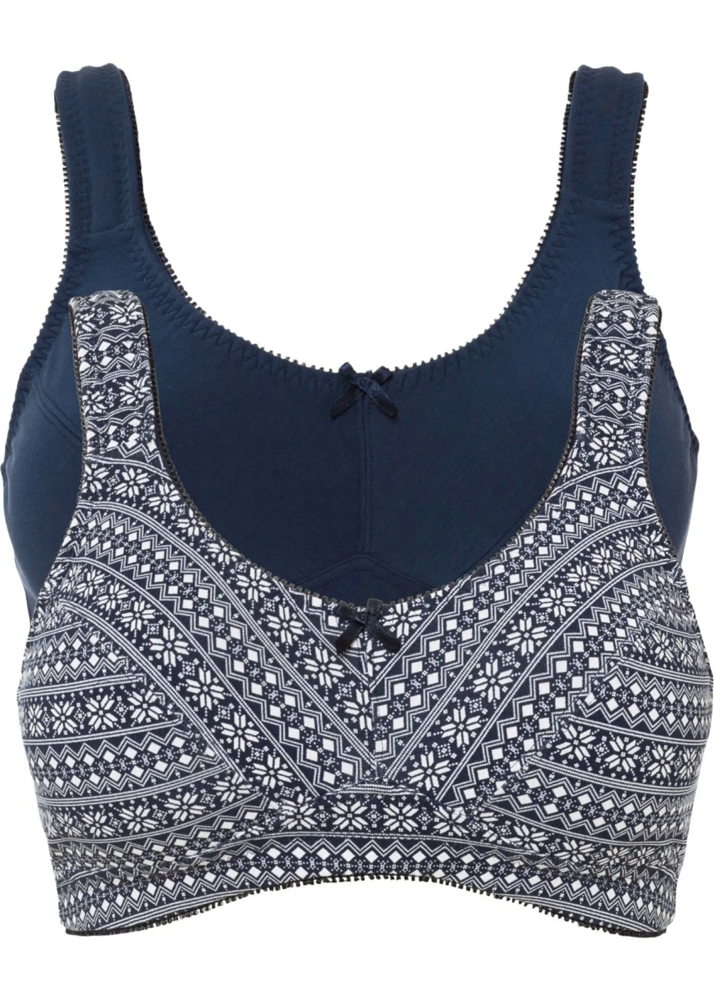 bonprix bonprix Sujetador de algodón orgánico sin aros (2 unidades) Azul oscuro-blanco estampado + azul oscuro Hot