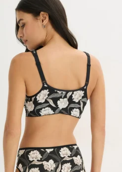 bonprix bonprix Sujetador de cierre frontal, sin aros, con algodón orgánico (2 unidades) negro-blanco empolvado con flores New