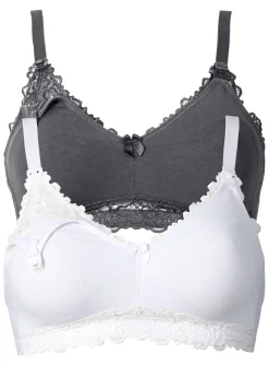 bonprix bonprix Sujetador de lactancia sin aros (2 unidades) de algodón orgánico Gris oscuro-blanco Discount