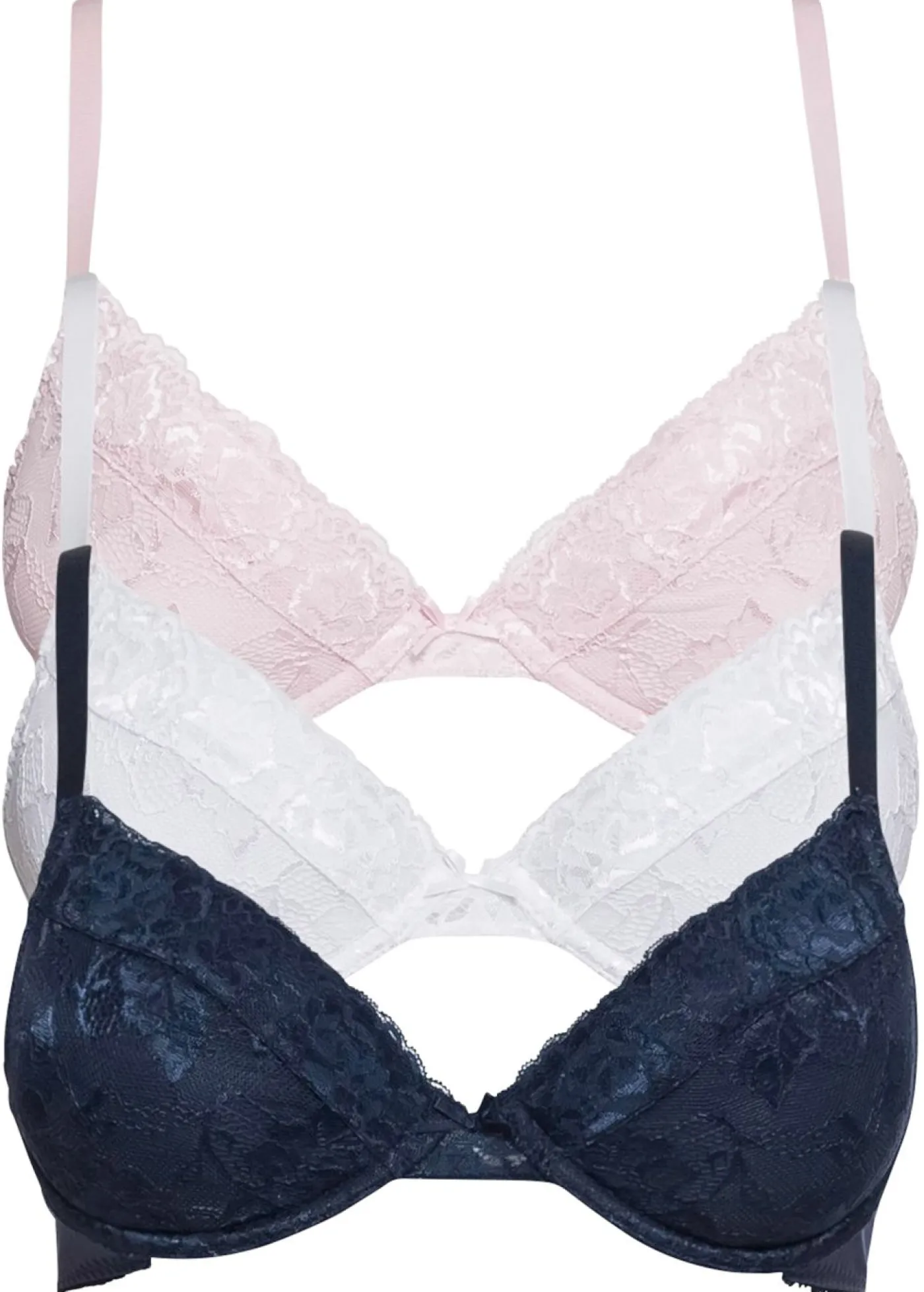 bonprix bonprix Sujetador push-up con encaje fino (3 unidades) azul marino - rosa pálido - blanco