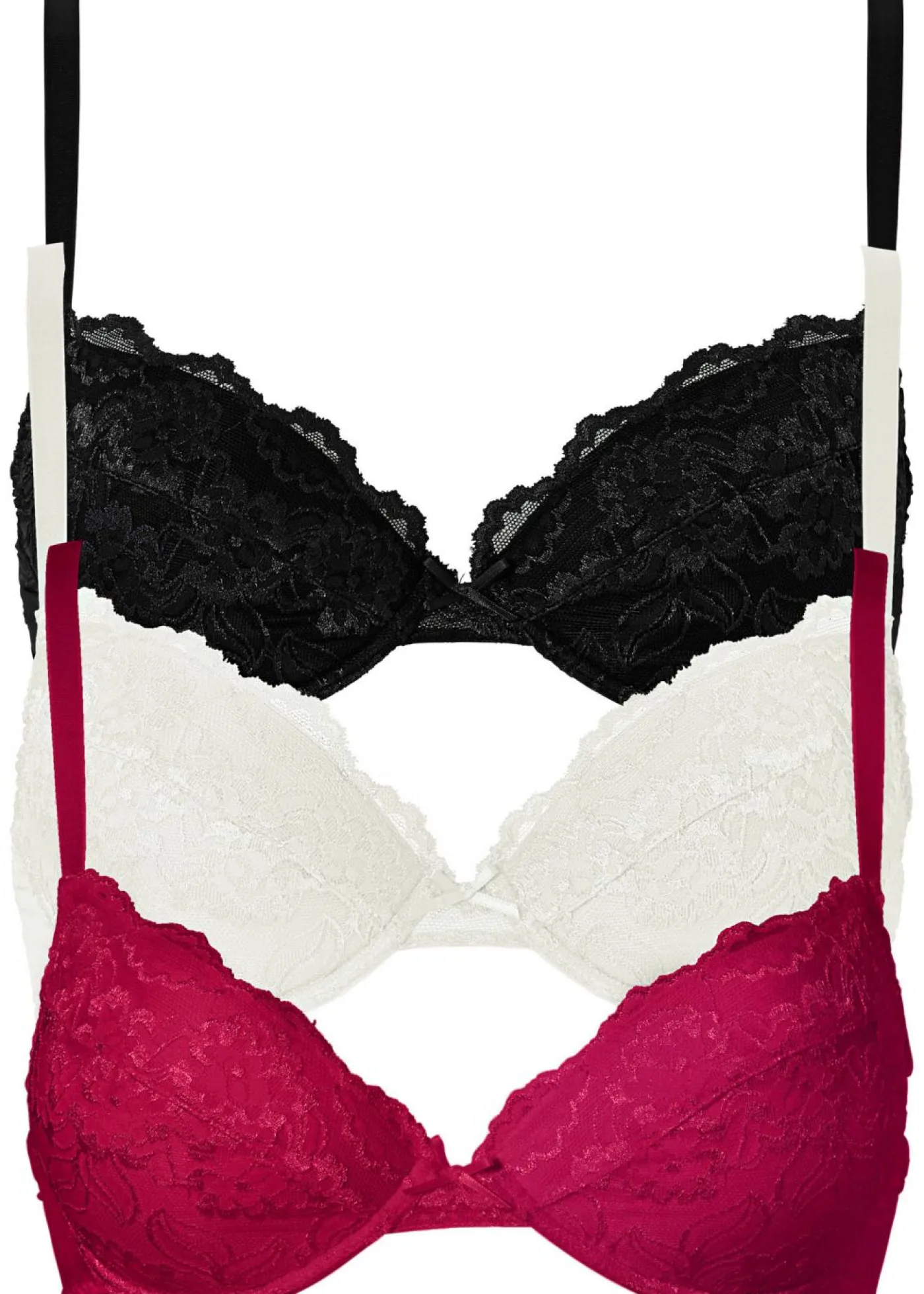 bonprix bonprix Sujetador push-up con encaje fino (3 unidades) fucsia - crema suave - negro Outlet