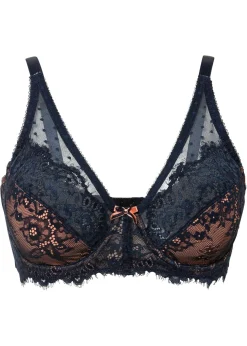 bonprix bonprix Sujetador reductor con encaje de filigrana Azul marino + melocotón