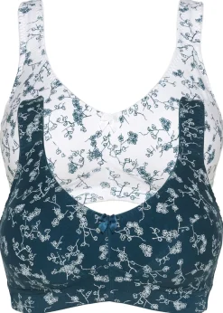 bonprix bonprix Sujetador sin aros con suave algodón orgánico (2 unidades) Petróleo azul + blanco de flores Sale