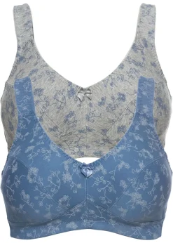 bonprix bonprix Sujetador sin aros con suave algodón orgánico (2 unidades) denim azul - gris claro moteado floral Outlet