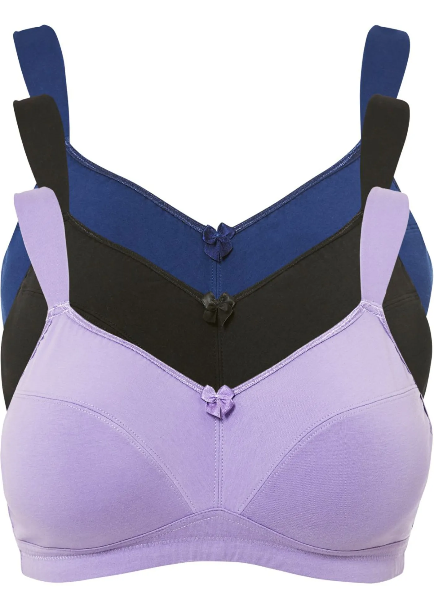 bonprix bonprix Sujetador sin aros de algodón (3 unidades) Lila claro + negro + azul noche Sale