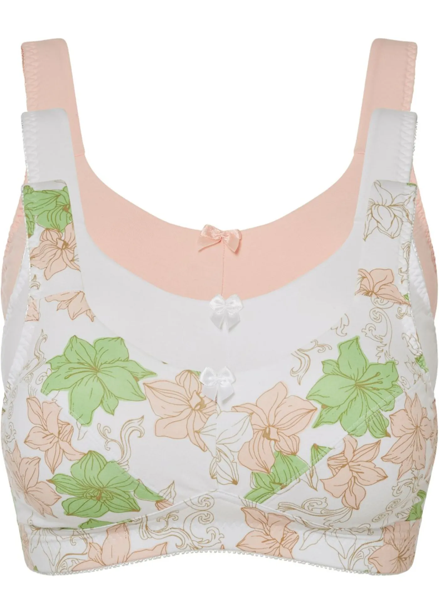 bonprix bonprix Sujetador sin aros de algodón (3 unidades) Blanco de flores + Rosa claro + Blanco New