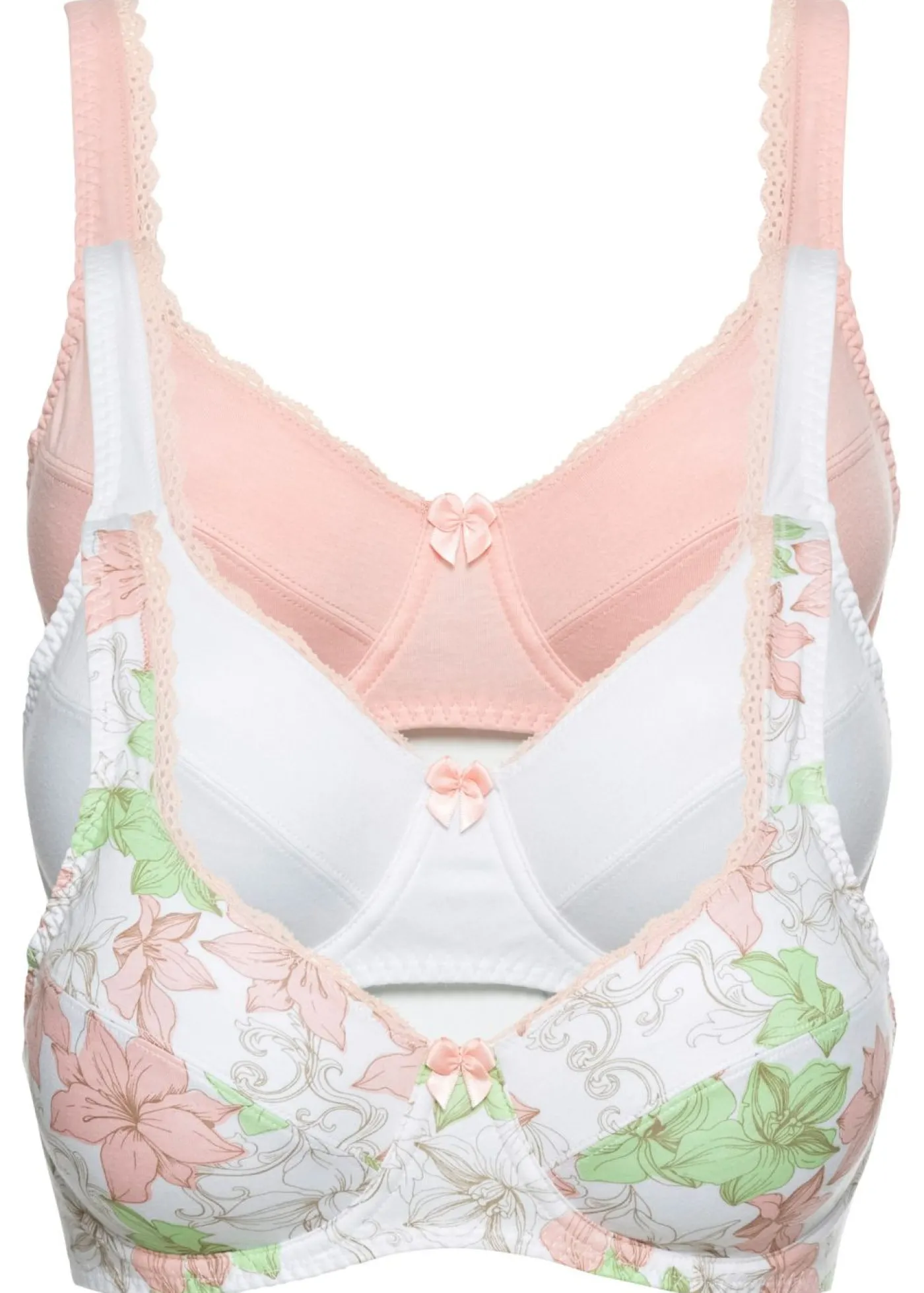 bonprix bonprix Sujetador (3 unidades) de un material suave Blanco de flores + Rosa claro + Blanco Sale