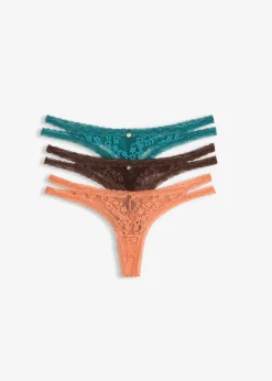 bonprix bonprix Tanga con encaje de flores (3 unidades) marrón oscuro+papaya suave+verde pimiento Clearance