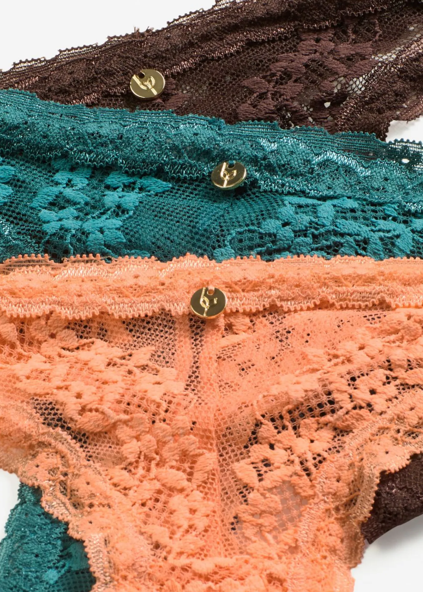 bonprix bonprix Tanga con encaje de flores (3 unidades) marrón oscuro+papaya suave+verde pimiento Clearance