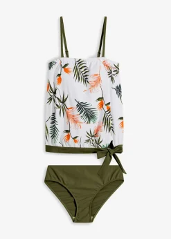 bonprix bonprix Tankini bandeau (2 piezas) con tirantes multiposición blanco/verde oliva oscuro con flores