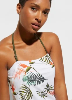 bonprix bonprix Tankini bandeau (2 piezas) con tirantes multiposición blanco/verde oliva oscuro con flores