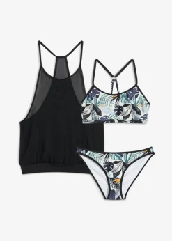 bonprix bonprix Tankini holgado (3 piezas) con top de bikini tipo bustier azul/negro con estampado de flores Hot