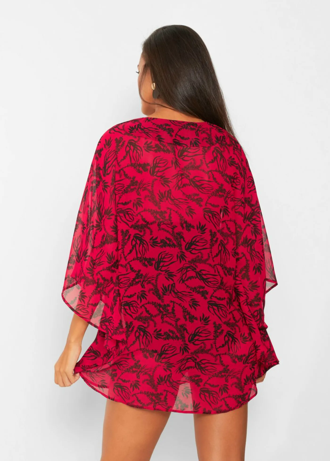 bonprix bonprix Túnica de playa de gasa ligera Rojo cayena/negro de flores New