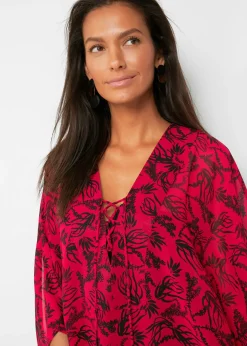 bonprix bonprix Túnica de playa de gasa ligera Rojo cayena/negro de flores New