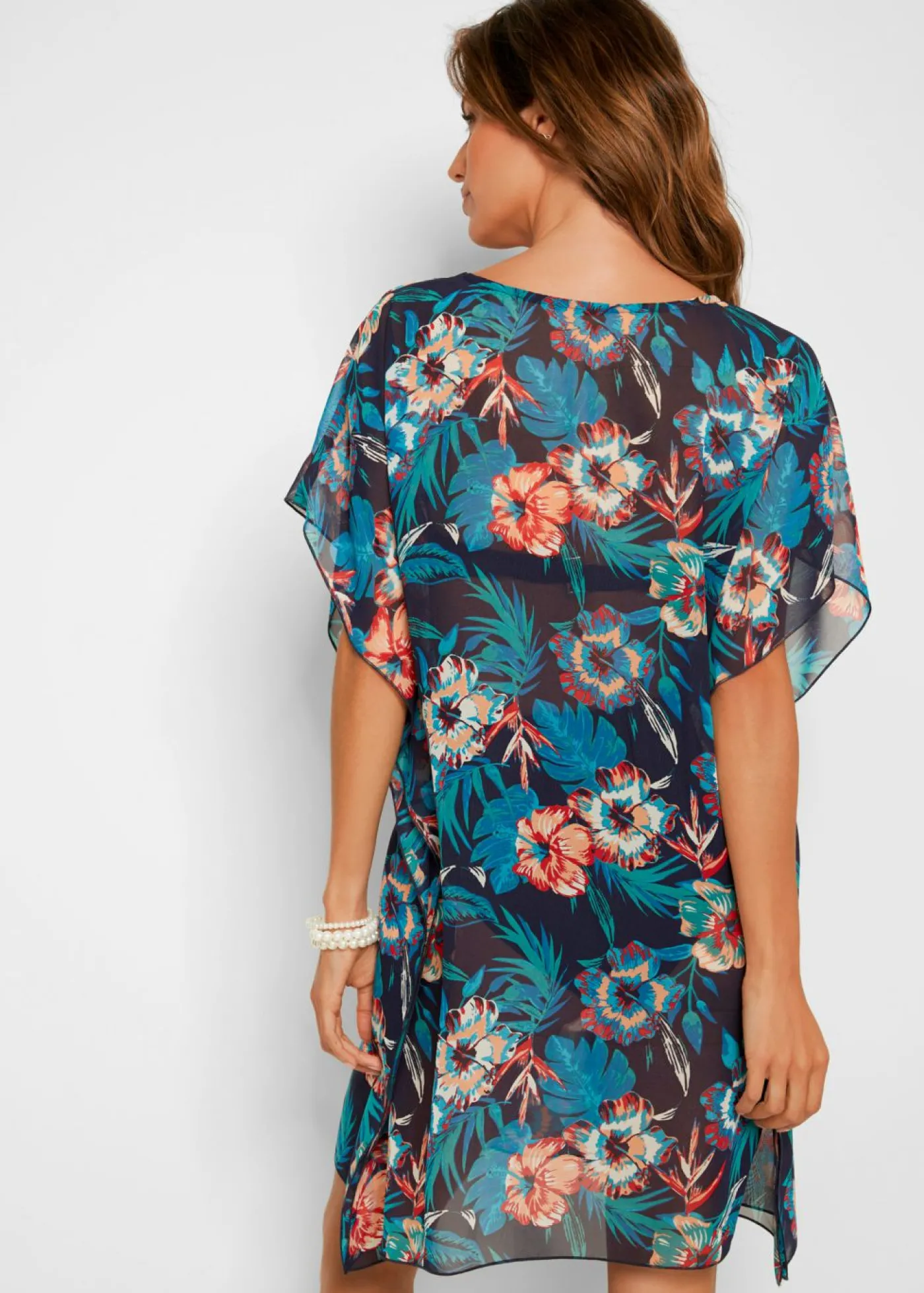 bonprix bonprix Túnica de playa larga de gasa ligera Azul oscuro-turquesa de flores Sale