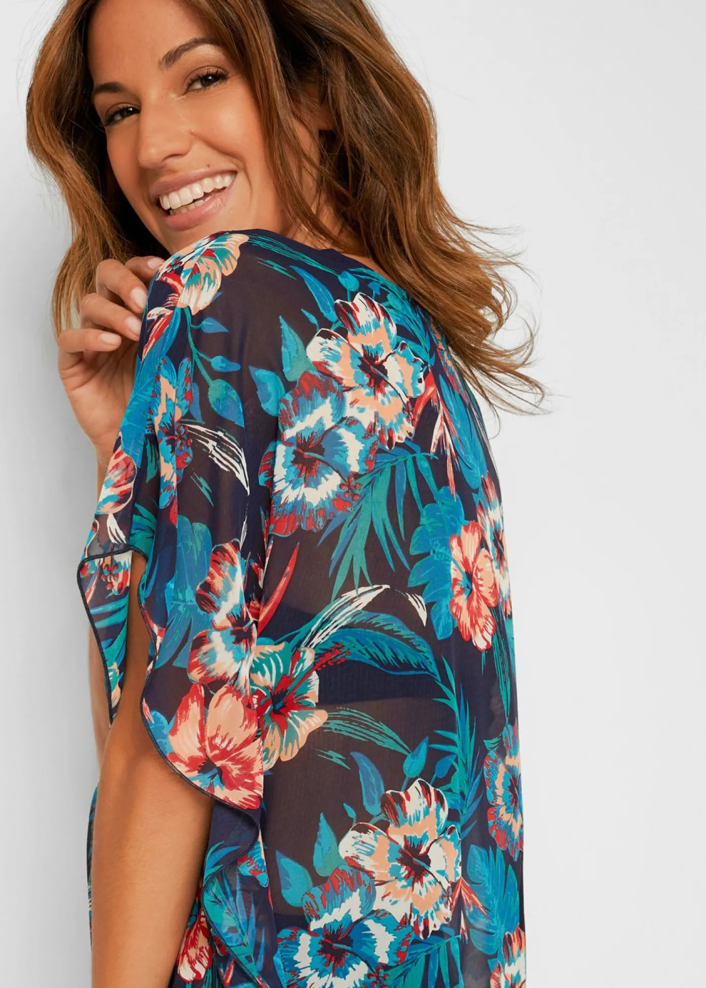 bonprix bonprix Túnica de playa larga de gasa ligera Azul oscuro-turquesa de flores Sale