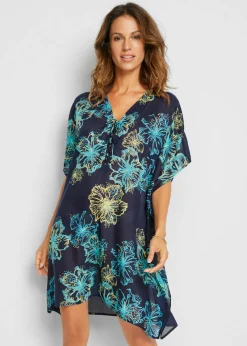 bonprix bonprix Túnica de playa transparente con escote en V azul marino/turquesa de flores Hot