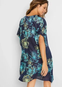 bonprix bonprix Túnica de playa transparente con escote en V azul marino/turquesa de flores Hot
