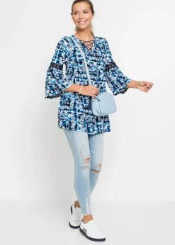 bonprix bonprix Túnica de viscosa fluida Blanco-azul oscuro estampado Clearance