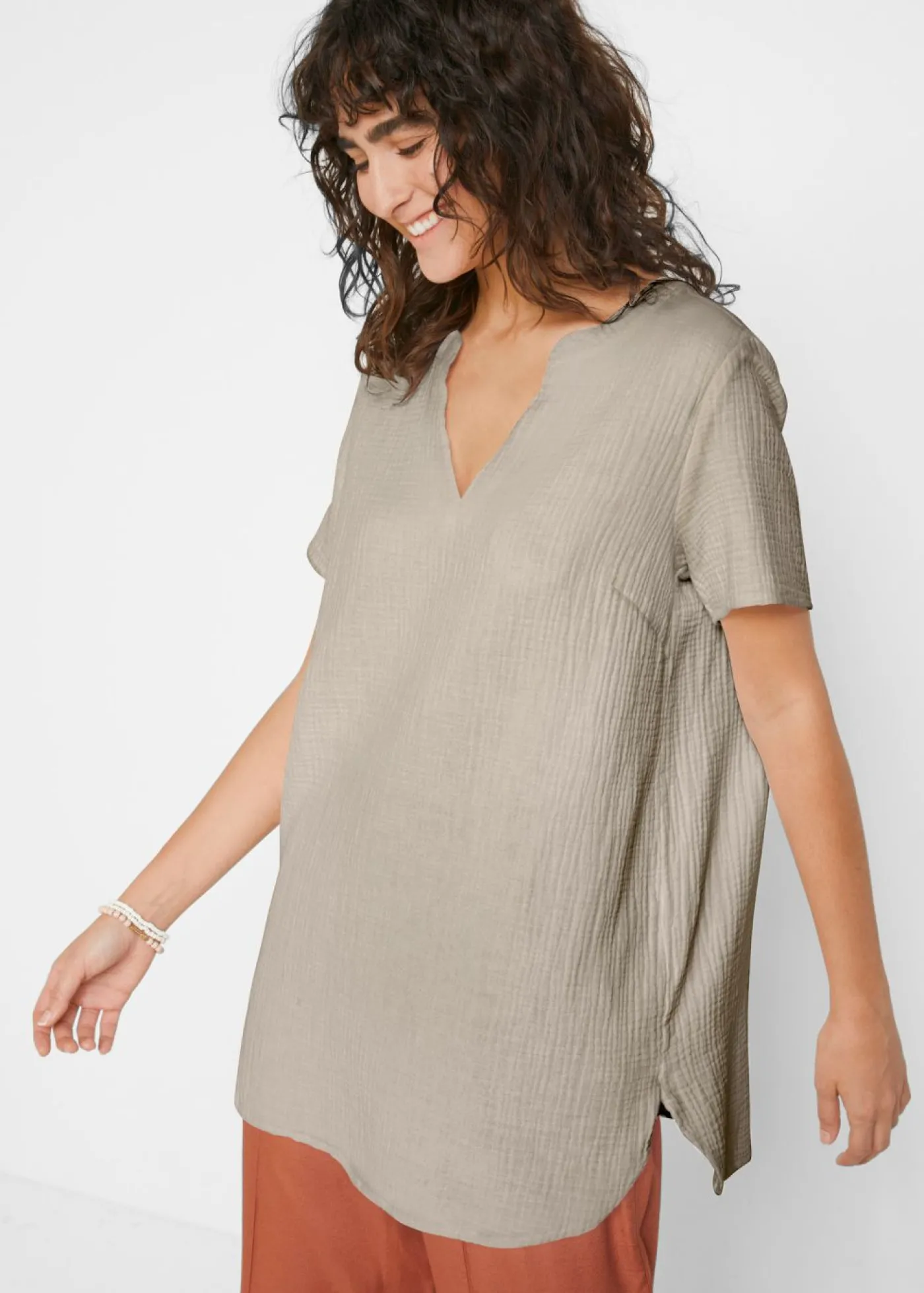 bonprix bonprix Túnica larga de muselina de algodón puro gris piedra Best