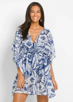 bonprix bonprix Túnica transparente de playa Azul-blanco de flores