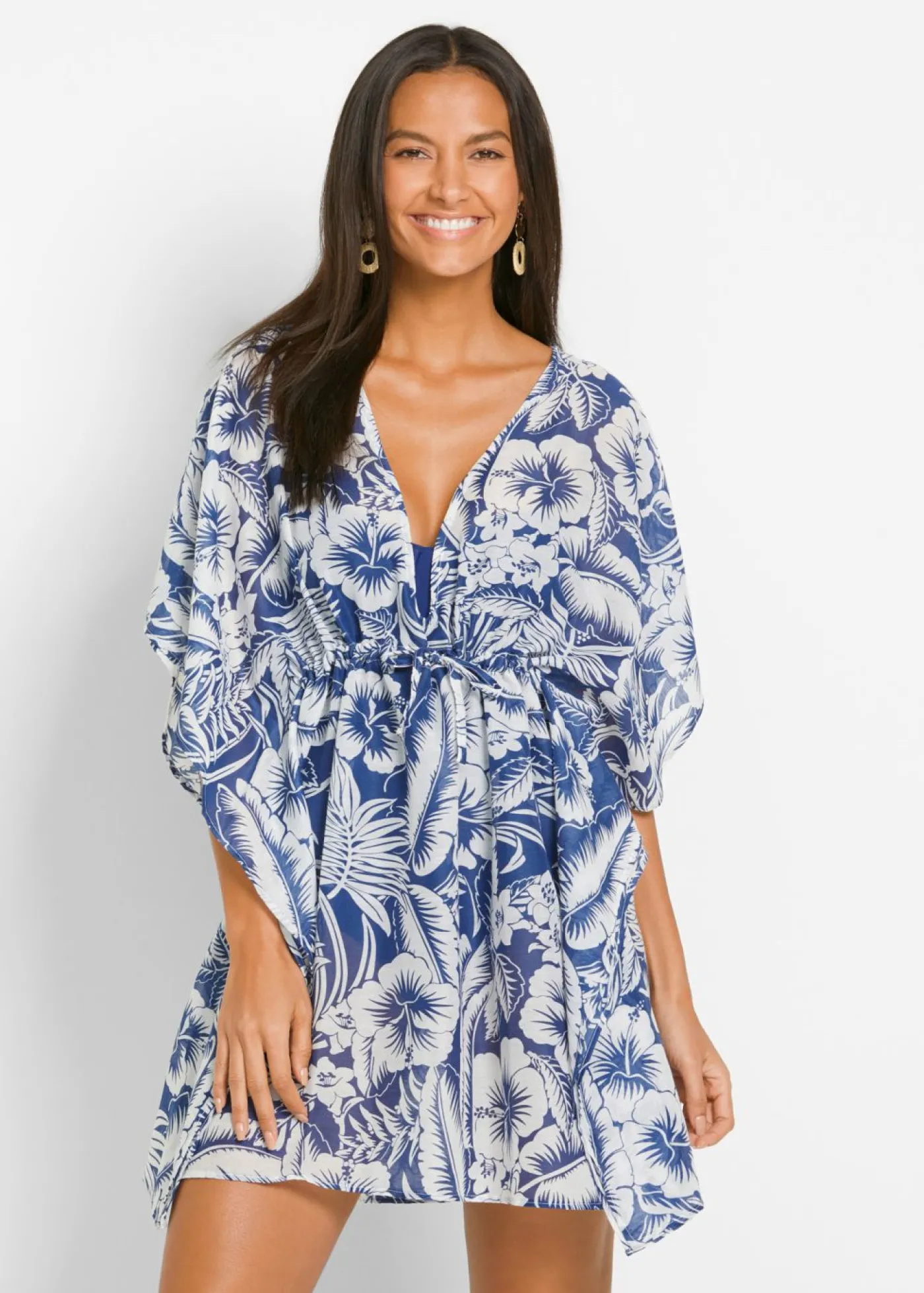 bonprix bonprix Túnica transparente de playa Azul-blanco de flores