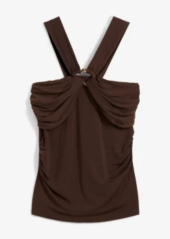 bonprix bonprix Top anudado al cuello con hebilla decorativa Marrón oscuro Hot