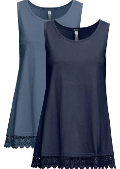 bonprix bonprix Top con encaje (2 unidades) Azul vaquero/azul oscuro Clearance