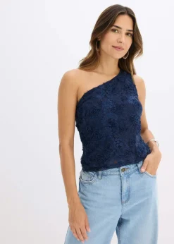 bonprix bonprix Top con un hombro al descubierto y bordado Azul Online