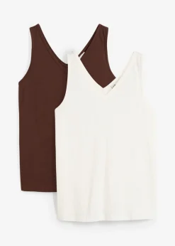bonprix bonprix Top de algodón orgánico puro (2 unidades) blanco lana/marrón tierra Outlet