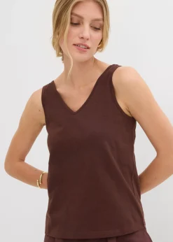 bonprix bonprix Top de algodón orgánico puro (2 unidades) blanco lana/marrón tierra Outlet