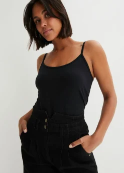 bonprix bonprix Top de algodón orgánico puro con tirantes finos (2 unidades) Negro Hot