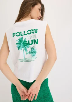 bonprix bonprix Top de algodón puro blanco-verde agua Sale