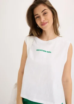 bonprix bonprix Top de algodón puro blanco-verde agua Sale