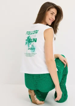 bonprix bonprix Top de algodón puro blanco-verde agua Sale