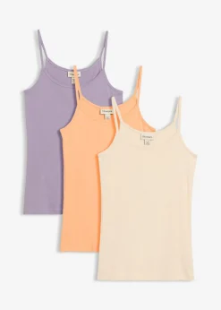 bonprix bonprix Top de algodón puro con tirantes finos (3 unidades) gris guijarro/violeta ahumado/papaya Clearance