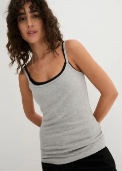 bonprix bonprix Top de algodón puro con tirantes finos (3 unidades) Blanco + gris claro jaspeado + negro Online