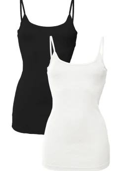 bonprix bonprix Top de algodón puro con tirantes finos (2 unidades) Blanco-negro Hot