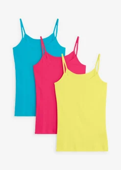 bonprix bonprix Top de algodón puro con tirantes finos (3 unidades) lima claro + rosa oscuro + azul caribe Sale