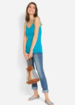 bonprix bonprix Top de algodón puro con tirantes finos (3 unidades) lima claro + rosa oscuro + azul caribe Sale